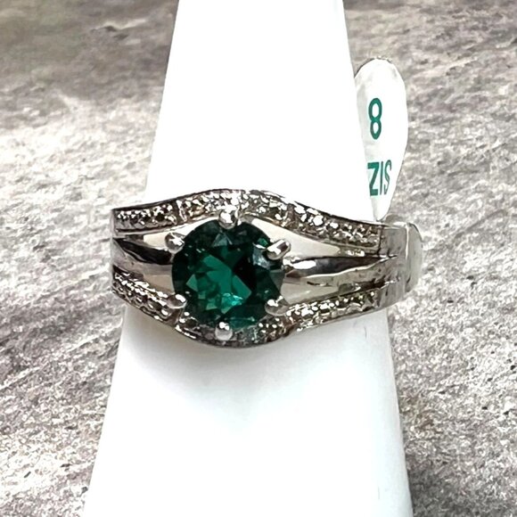 Ring Bomb Party Ring, size 7, green stone silver color band CZ looking mini acce - Picture 2 of 5